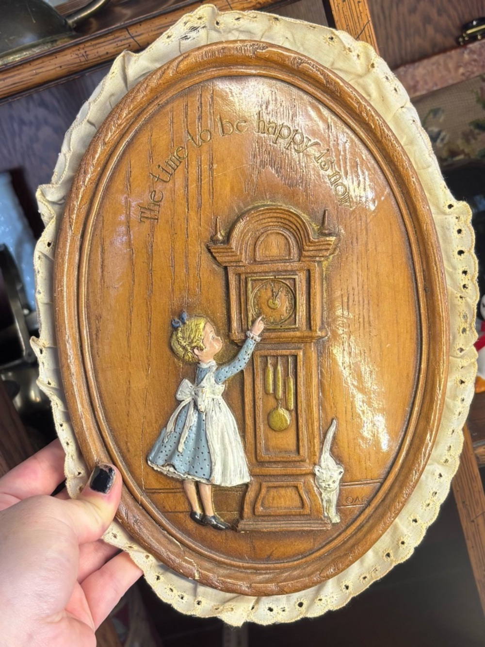 Vintage Style Girl and Clock Wall Plaque in Brown and Cream